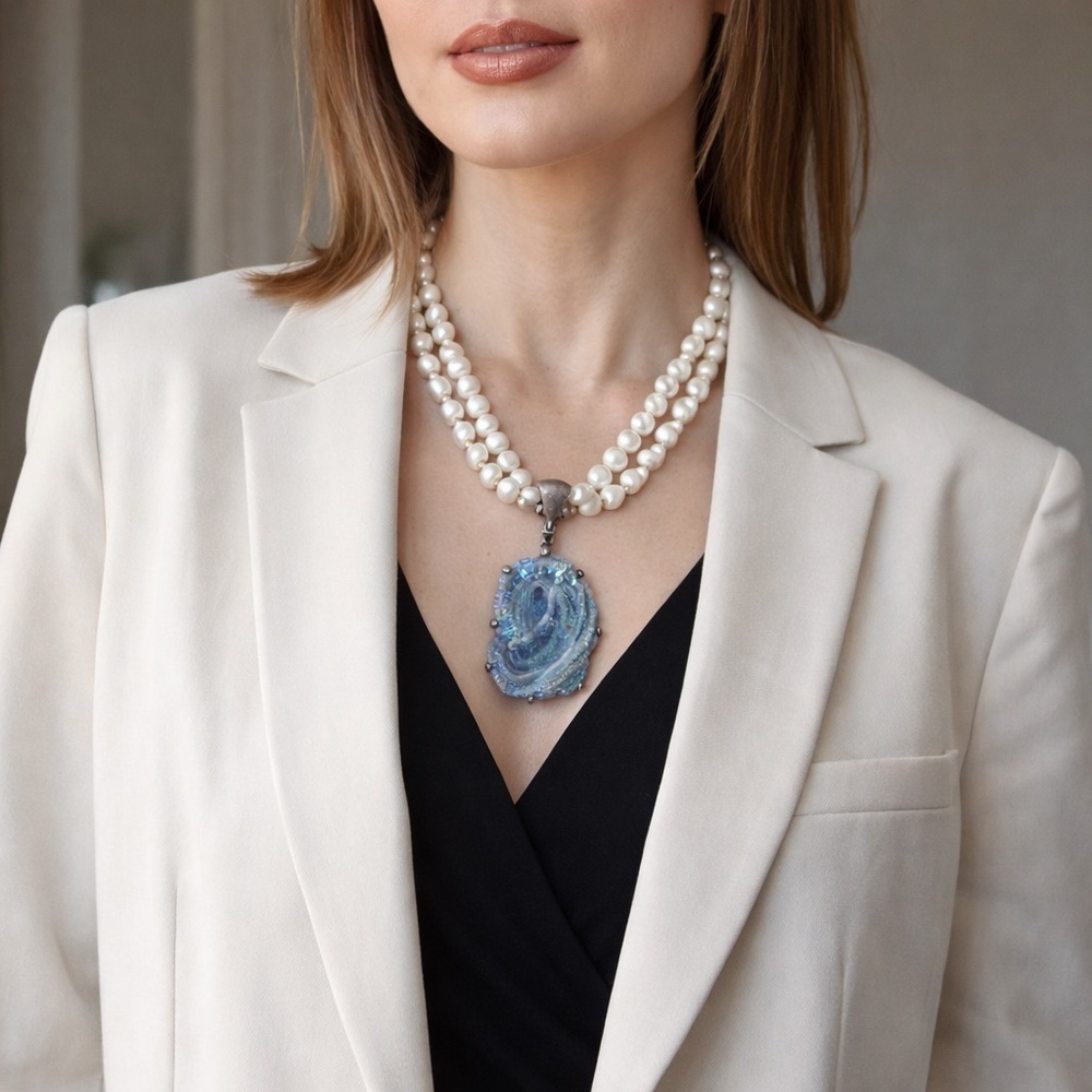 One of a Kind Blue Druzy Freshwater Barogue Pearl Necklace Sterling 16.5” open